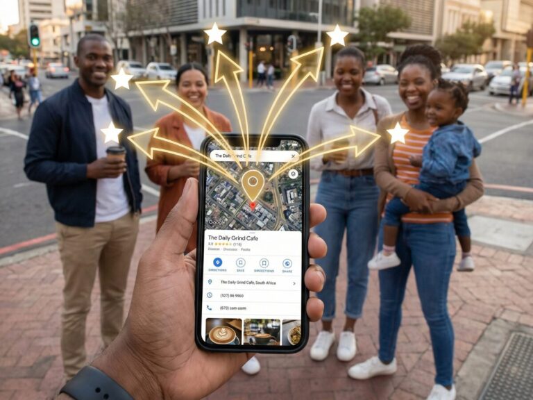 A first-person perspective of a hand holding a smartphone on a busy, sunlit South African city street. The screen displays a Google Business Profile for "The Daily Grind Cafe" on a map. Glowing digital gold arrows and five-star icons radiate from the phone toward a diverse group of smiling people standing in the background, symbolizing successful local business ranking and customer engagement.